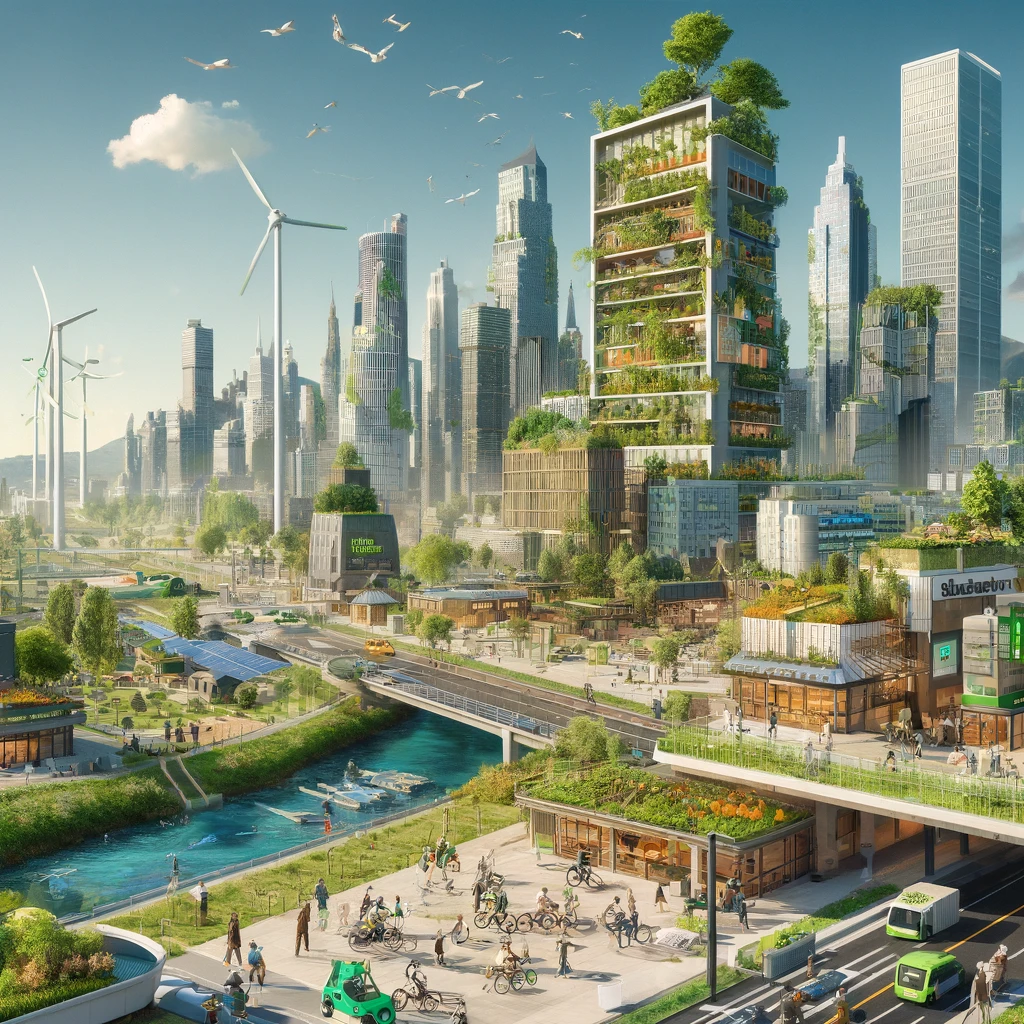 DALL·E 2024-10-15 12.18.14 - A futuristic cityscape that showcases innovative sustainability solutions. The city is powered by renewable energy with solar panels on buildings and